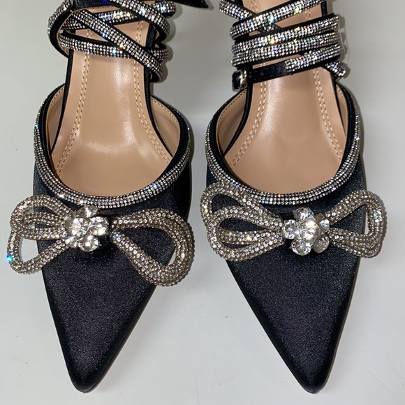 Black Jeweled Ankle Tie Heels - Picture 3 of 14